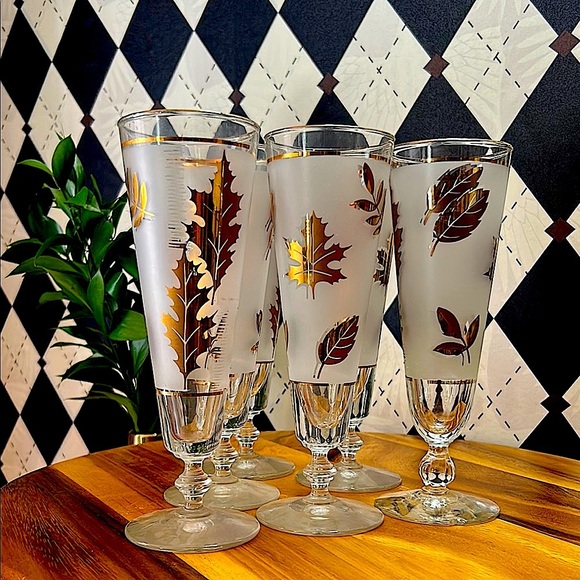 Vintage Libbey 22k Gold Foliage Pilsner Glasses (Set of 6) |Barware Mid Century - Picture 10 of 17
